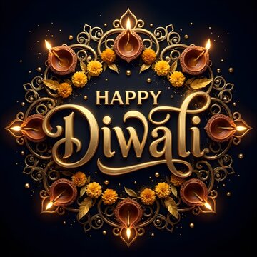 A beautiful ornate gold frame surrounding the text happy diwali with glowing traditional clay oil lamps and marigold flowers on a dark blue background