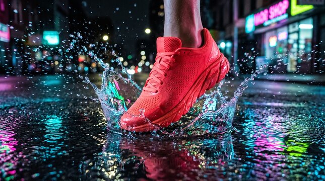 Running shoe splashing in a puddle on a wet city street at night with colorful neon lights reflecting
