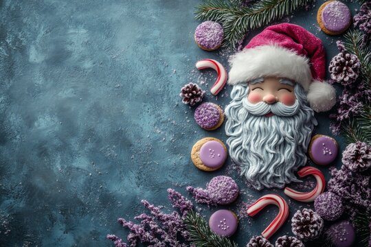Santa Claus Cookies With Purple Holiday Decorations