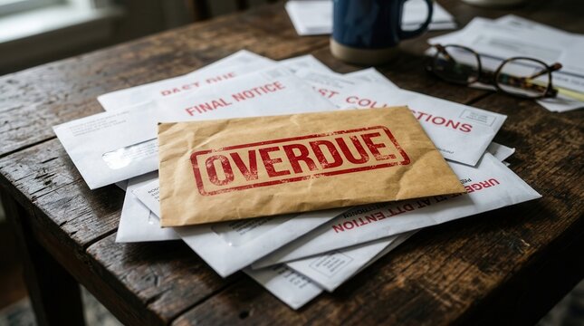 A pile of unpaid bills with an overdue stamp and final notice papers on a rustic wooden surface.