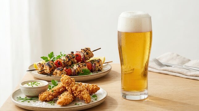 Savory appetizers including grilled meat skewers and crispy fried chicken with a refreshing ale.