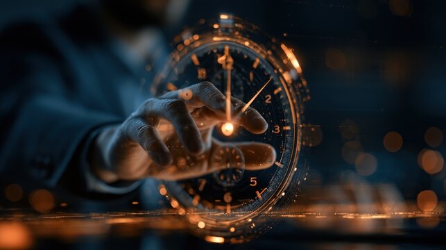 Close up of hand interacting with a digital clock overlay on a transparent background
