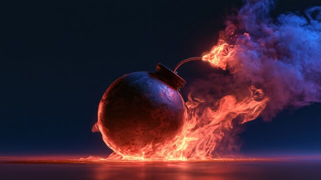 Exploding bomb with fiery detonation and smoke on transparent background