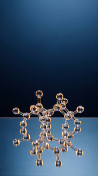 3D molecule model chiral chemical structure reflection glass with bright lighting and dark blue background. Molecular chemistry carbon atom compound bond formula science research model