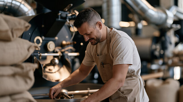 A professional commercial coffee roastery maintenance worker cleaning chaff from a roasting machine's cooling tray, checking the rotating agitator and clearing the ventilation