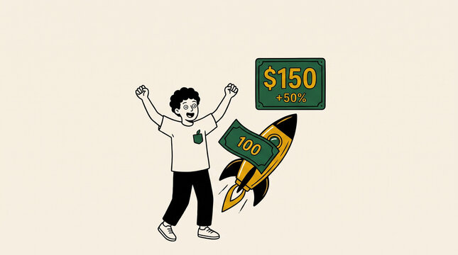 Cheering man as a 100 dollar bill rides a rocket to 150 dollars