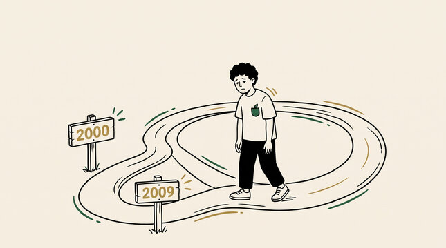 Tired man walking a looping path from 2000 back to 2009, lost decade