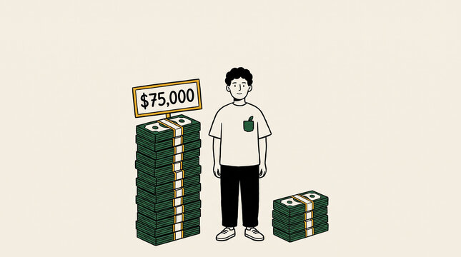 Man between a tall 75,000 dollar money stack and a much smaller one