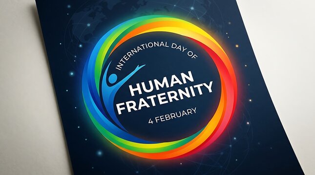 Colorful International Day of Human Fraternity Poster Design Featuring Date and Symbolic Graphic Elements