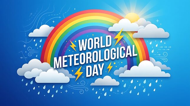 Colorful illustration celebrating World Meteorological Day with rainbow clouds and weather elements