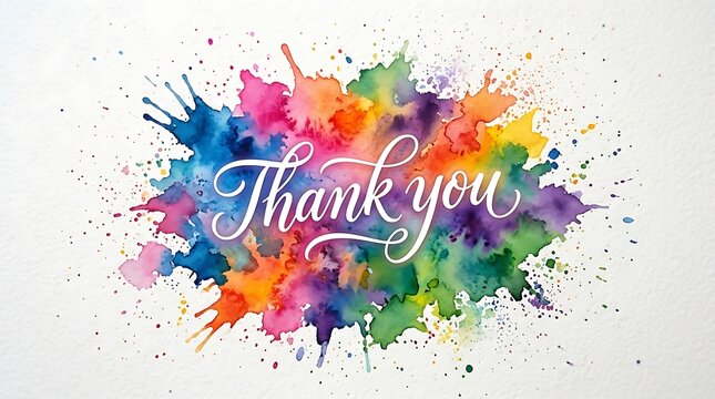 Colorful watercolor thank you message design with vibrant abstract splatter background