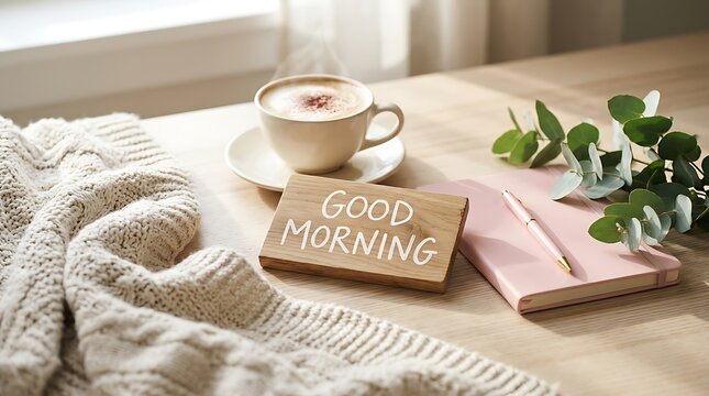 Cozy Morning Setting With Coffee Cup Good Morning Sign Notebook Greenery Light Blanket