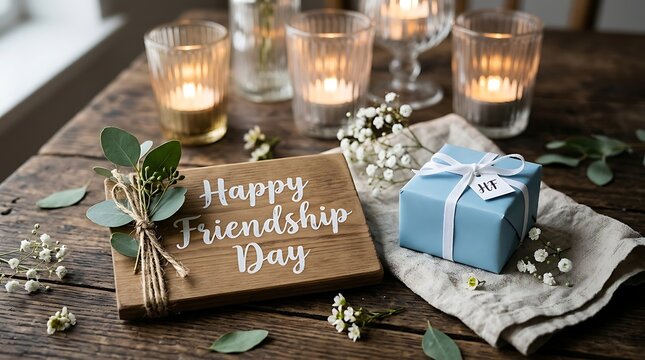 Cozy wooden table setting with friendship day gift and decorative candles for celebration