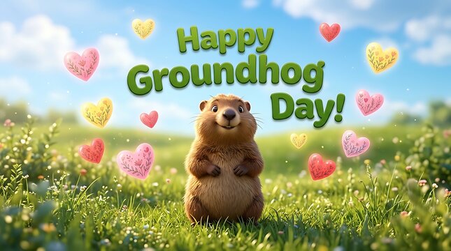 Cute cartoon groundhog celebrating happy groundhog day with hearts floating in green field