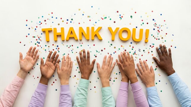 Diverse group hands raised showing gratitude with colorful confetti and thank you message