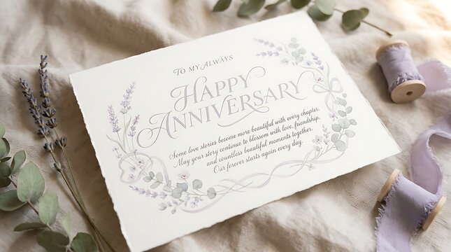 Elegant Anniversary Greeting Card with Floral Design and Heartfelt Message on Textured Fabric
