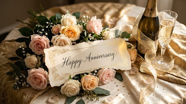 Elegant anniversary celebration table setting with champagne and roses for special occasion