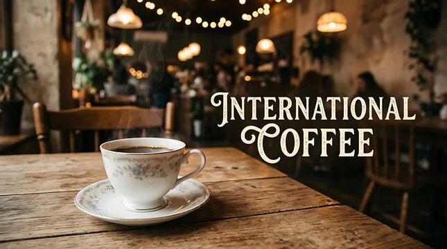 Elegant coffee cup on wooden table in cozy international coffee shop setting