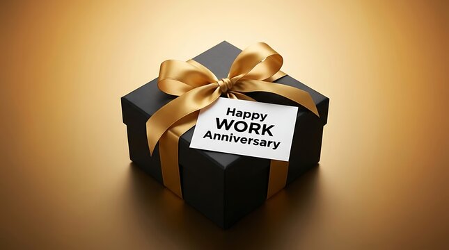 Elegant gift box with golden ribbon celebrating work anniversary message card