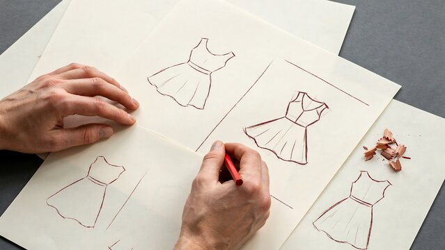 Fashion designer sketching multiple dress designs on paper, with hands holding a pencil and shavings scattered