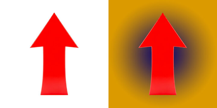 A bright red arrow pointing upwards displayed in two different graphic styles