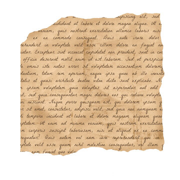Vintage Aged Torn Parchment Paper With Cursive Handwritten Latin Text On Transparent Background. Ideal for Scrapbook, Journal, Craft, Creative Project or DIY.