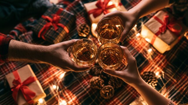 Three Friends Toasting Whiskey at Cozy Christmas Gift Celebration