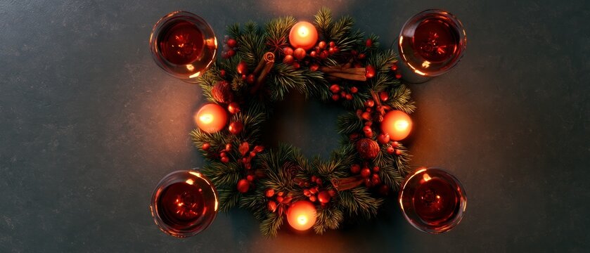 Christmas Red Wine Glasses Around Glowing Candle Wreath