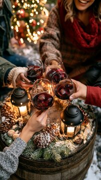 Friends Toasting Red Wine at Cozy Outdoor Christmas Gathering