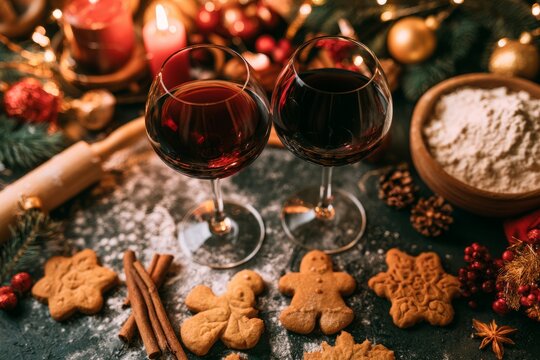 Two Red Wine Glasses with Christmas Gingerbread Cookies and Spices