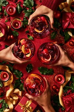 Four Friends Toasting Christmas Cocktails with Cranberries and Orange