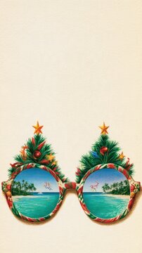 Tropical Christmas Sunglasses with Festive Trees and Beach Reflections