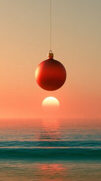 Tropical Christmas Ornament Hanging Above Ocean at Sunset