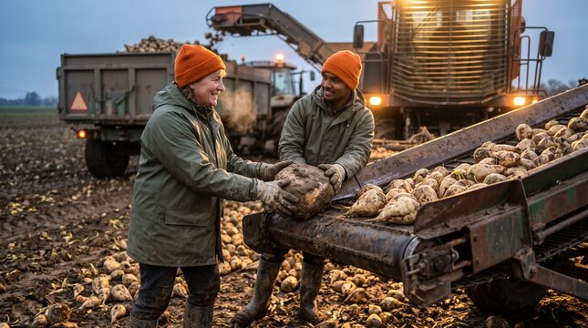 Two smiling farmers working together during an autumn sugar beet harvest at dusk, loading a large root vegetable onto a conveyor belt