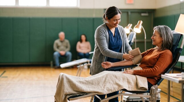 Friendly female nurse wrapping a blood pressure cuff around a mature woman's arm while she relaxes in a medical chair during a community blood drive