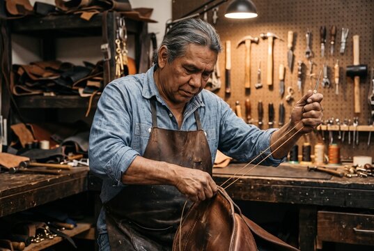 Skilled senior artisan in a leather apron stitching a handcrafted leather bag with an awl and waxed thread in a traditional workshop