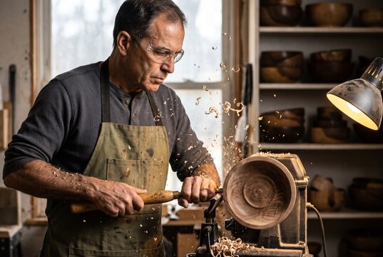 Skilled mature woodworker in safety glasses and apron shaping a wooden bowl on a lathe with wood shavings flying in a sunlit workshop