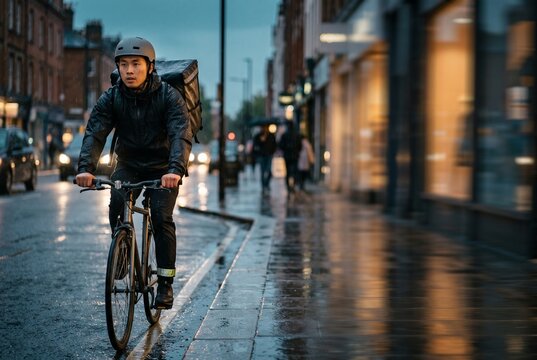 Young Asian male courier riding a bicycle with a thermal backpack on a wet city street during the evening rain