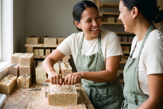 Two smiling women in green aprons making handmade organic soap in a bright workshop, cutting a soap loaf and laughing together