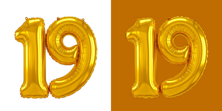 Shiny gold foil number nineteen balloons for birthday anniversary celebration