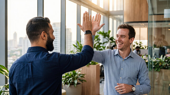 two business Professionals leader ceo smiling and celebrating success an modern office
