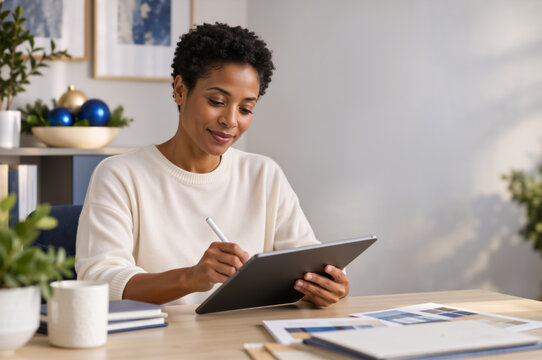 Creative woman drawing on digital tablet with stylus pen at home office desk. Graphic designer working on art project with color swatches and coffee mug