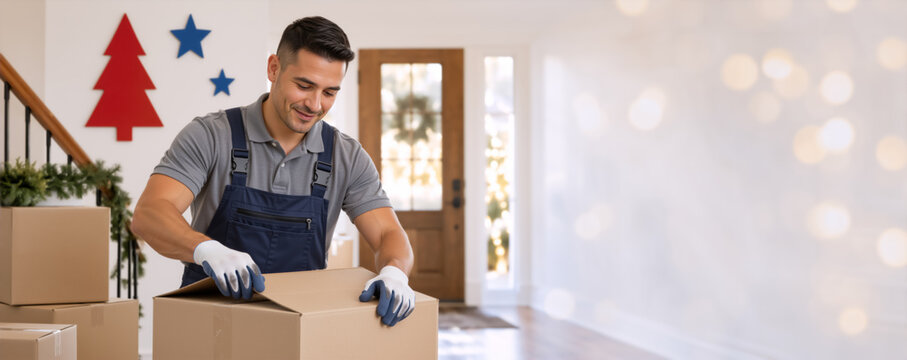 Cheerful mover opening a cardboard box in a new home. Delivery worker or relocation specialist packing belongings. Copy space