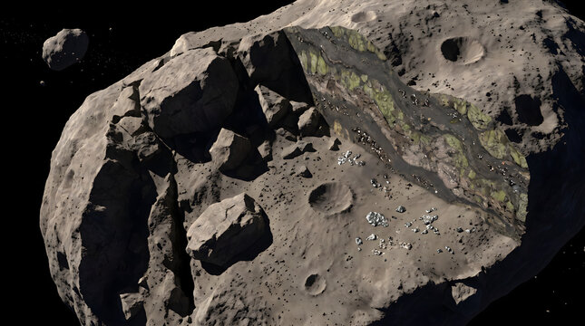An astroid belt floating in deep space featuring a detailed geological cross section with mineral layers