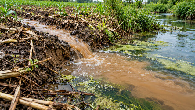 Freshwater ecosystem degradation in muddy riverbank with runoff and algae, showing environmental harm