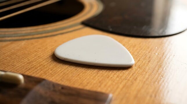 White plastic guitar pick resting on the wooden body of an acoustic guitar instrument