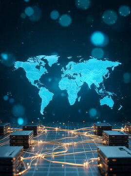 Vertical mobile wallpaper of server racks and fiber optic cables connected to glowing world map for cloud computing data center network smartphone story cover, cyber security technology poster
