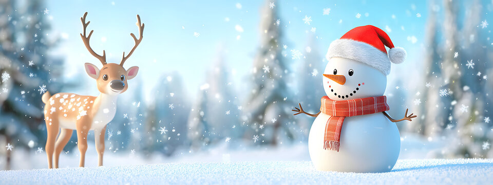 A cartoon snowman and reindeer stand together in a snow-white meadow, surrounded by a winter forest under a clear sky&mdash;a fairytale illustration for New Year's greetings and holiday design