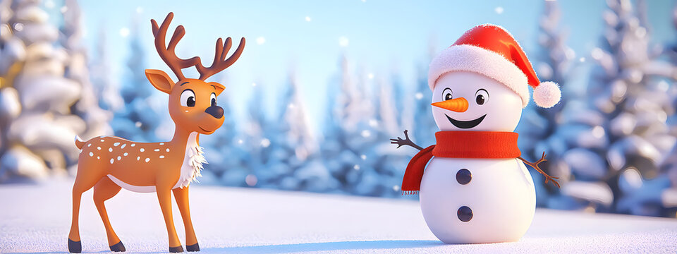 Cartoon snowman with a reindeer in a snowy meadow against the backdrop of a snow-covered forest on a clear winter day
