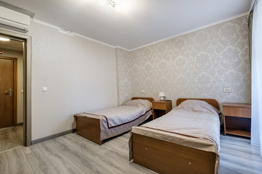 interior of cheapest bedroom in studio apartments or hostel.
